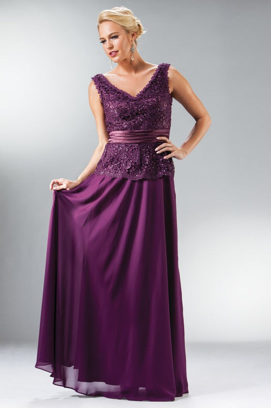 CD 1455 Size 4 Eggplant Long Chiffon Lace V Neck Mother Of Wedding Guest Dress Formal Gown