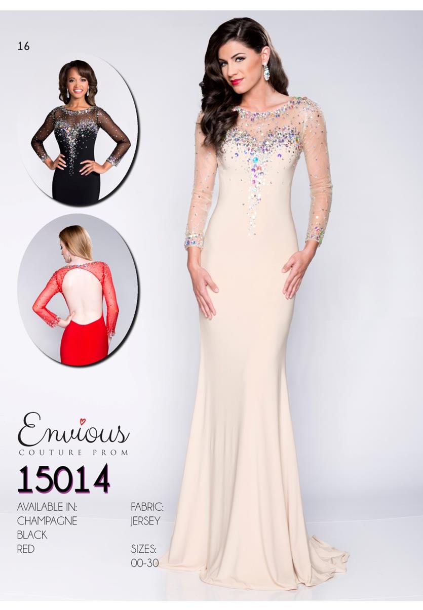 Envious Couture 15014 size 00 Champagne long embellished sleeves prom dress is perfect for your special formal event.  Features a sheer neckline and sleeves that are scattered with crystals and a smooth fitted jersey long skirt. Formal Dress Evening Gown 