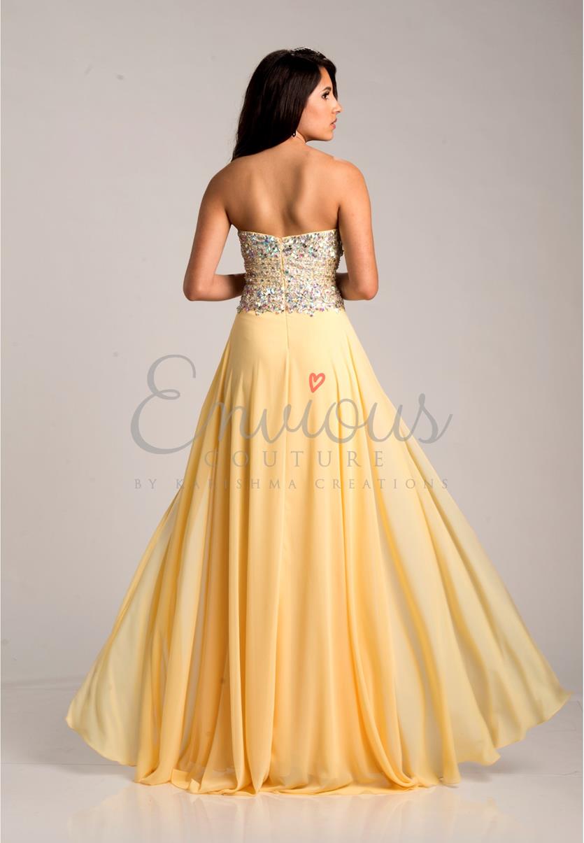 Yellow Chiffon Strapless V-cut Slit A-line Bridesmaid Evening Dress