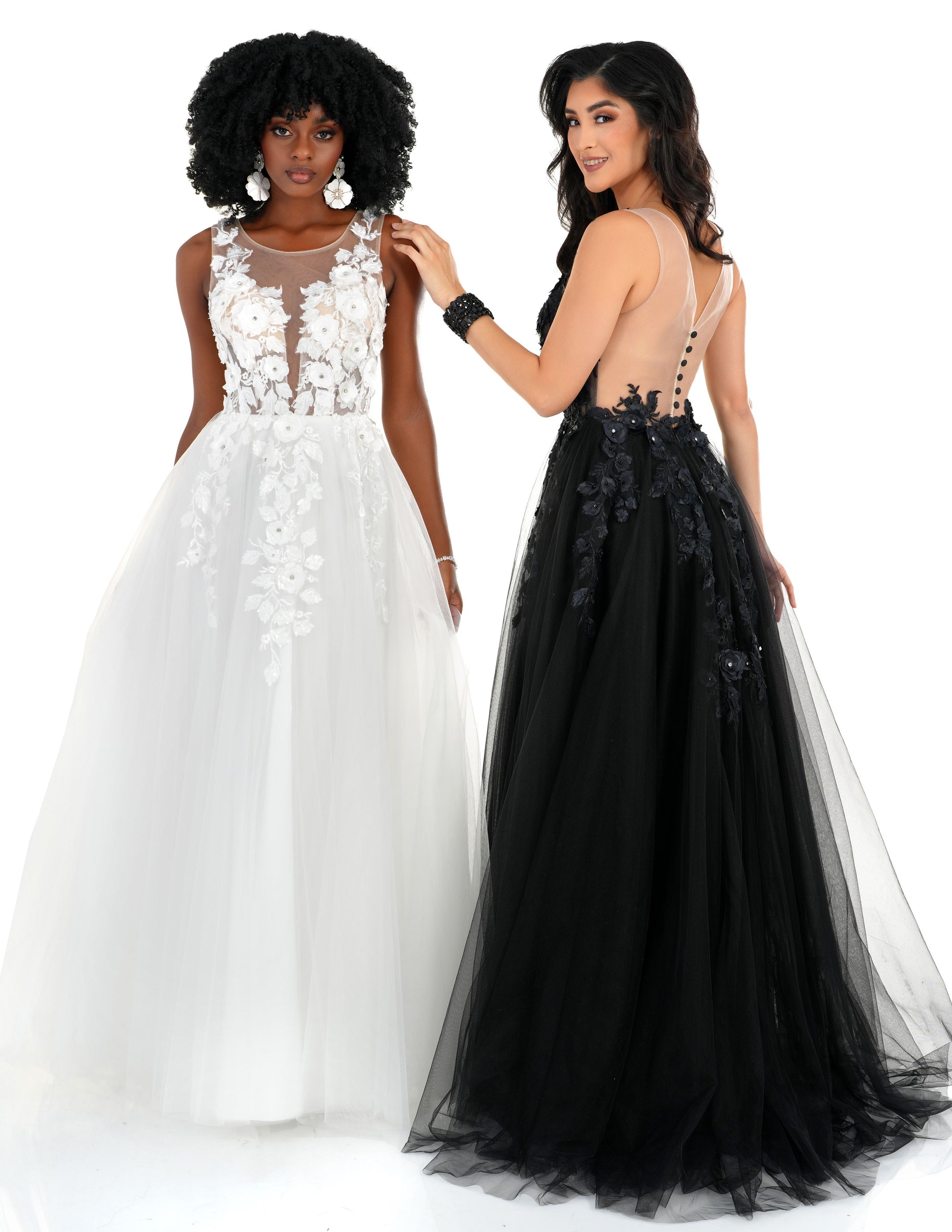 This exquisite wedding dress is crafted with sheer black and floral 3D lace detail. The Sheer high neck and  back button illusion closure creates a sophisticated silhouette, perfect for a special occasion. The Cecilia Couture 1522 ballgown is a timeless, stylish choice. A ine with a tulle skirt & Sheer Rhinestone Embellished dimensional Lace.  Sizes: 4-18  Colors: Black, White