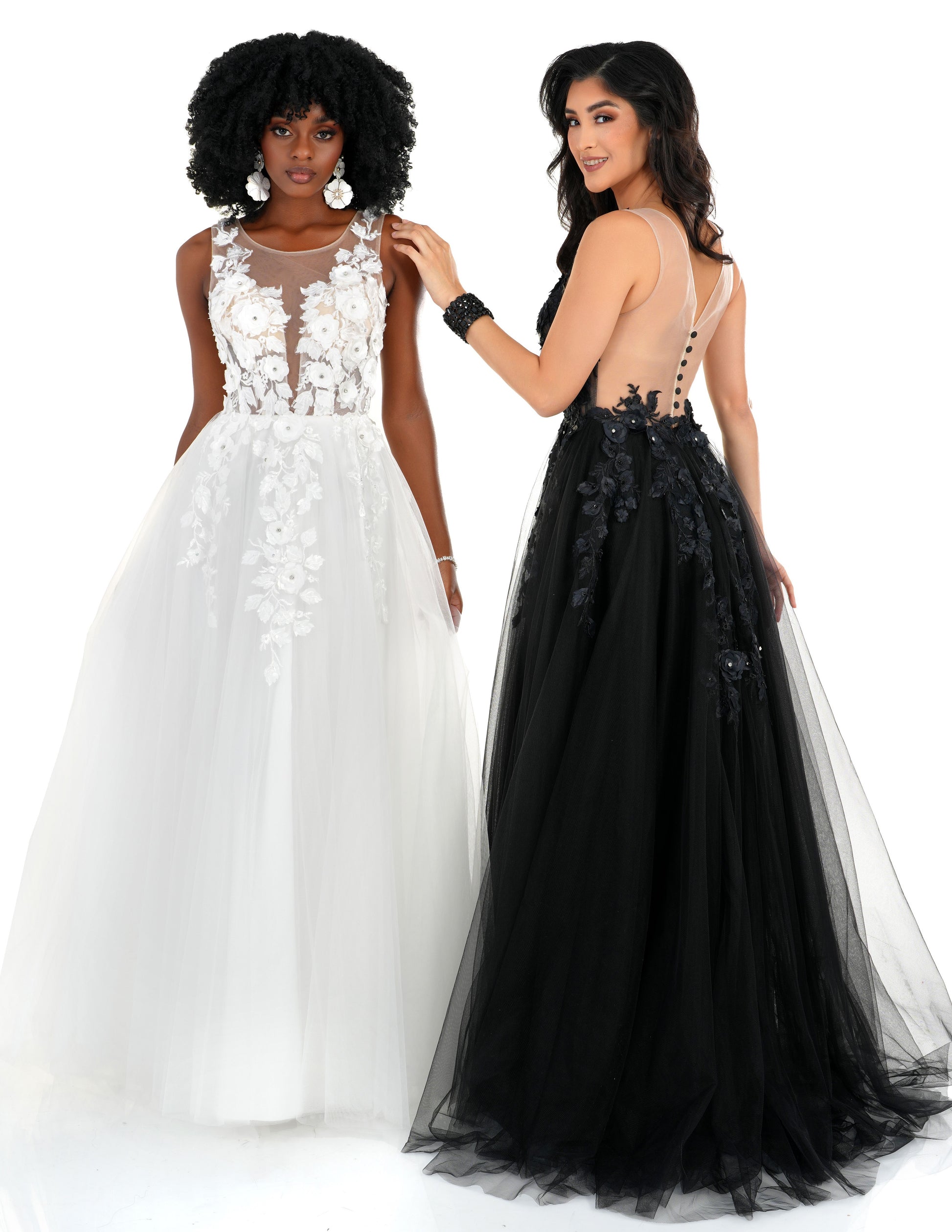 Cecilia Couture 1522 Sheer Black Wedding Dress Floral 3D Lace Ballgown High Neck Button 12 / White Cecilia Couture 1522 Sheer Black Wedding Dress Floral 3D Lace Ballgown High Neck Button 12 / White