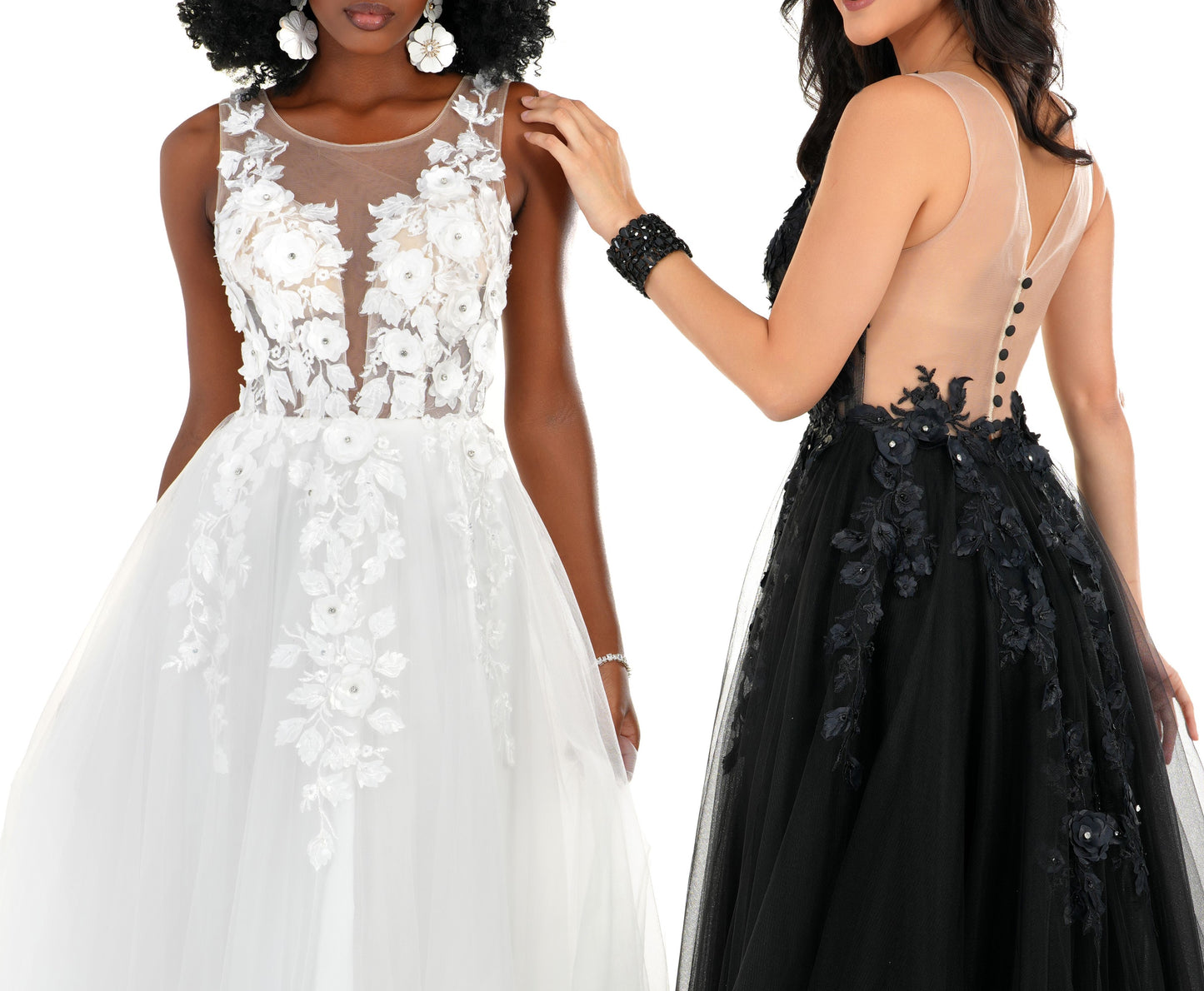 This exquisite wedding dress is crafted with sheer black and floral 3D lace detail. The Sheer high neck and  back button illusion closure creates a sophisticated silhouette, perfect for a special occasion. The Cecilia Couture 1522 ballgown is a timeless, stylish choice. A ine with a tulle skirt & Sheer Rhinestone Embellished dimensional Lace.  Sizes: 4-18  Colors: Black, White