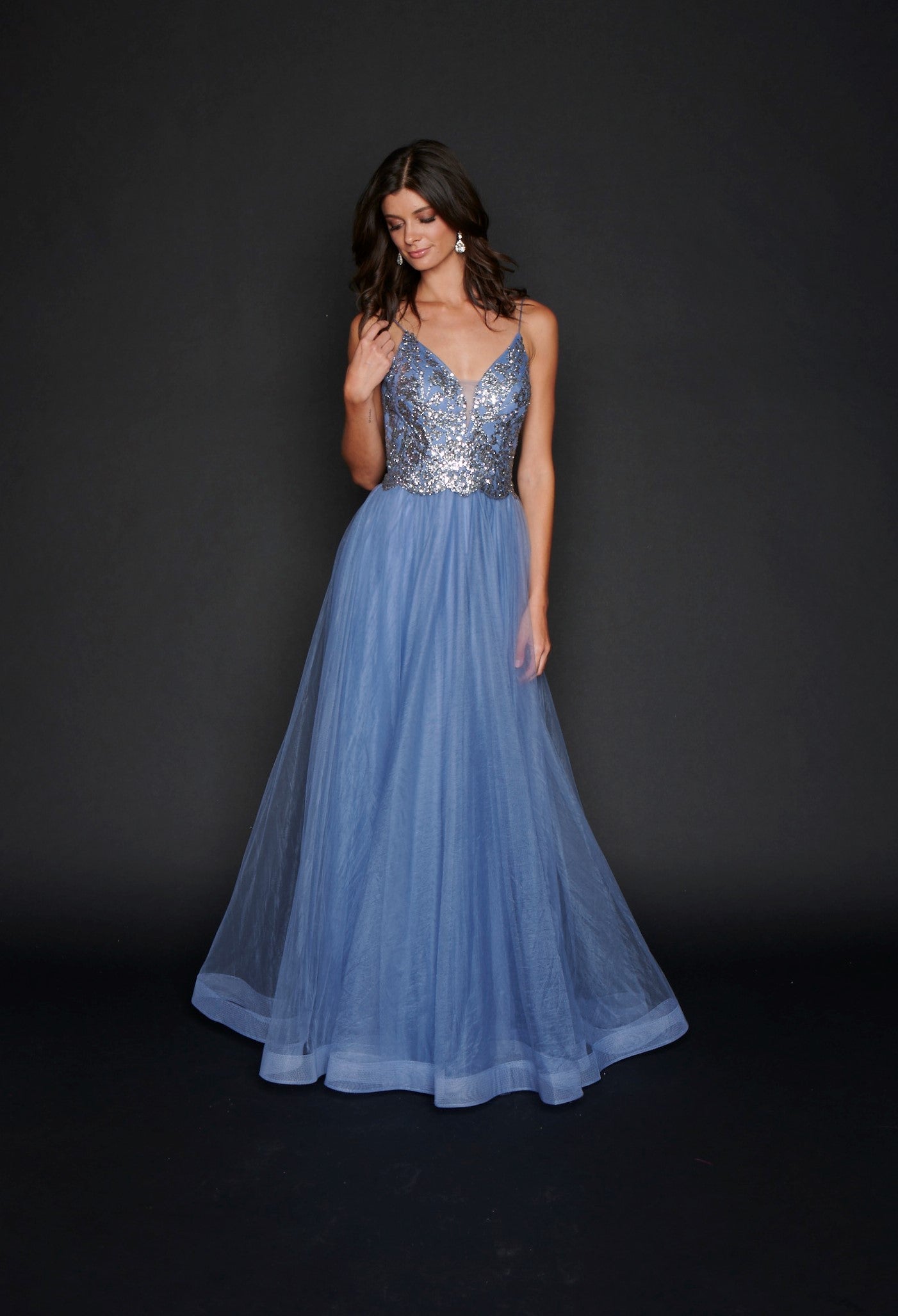 Nina Canacci 1522 Size 10 Steel Blue Long A Line Glitter Prom Dress Fo – Glass Slipper Formals