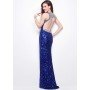 Primavera Couture 1572 Blue size 0 sequin long  in stock Prom Dress Pageant Gown with circle cutout open back and side slit.