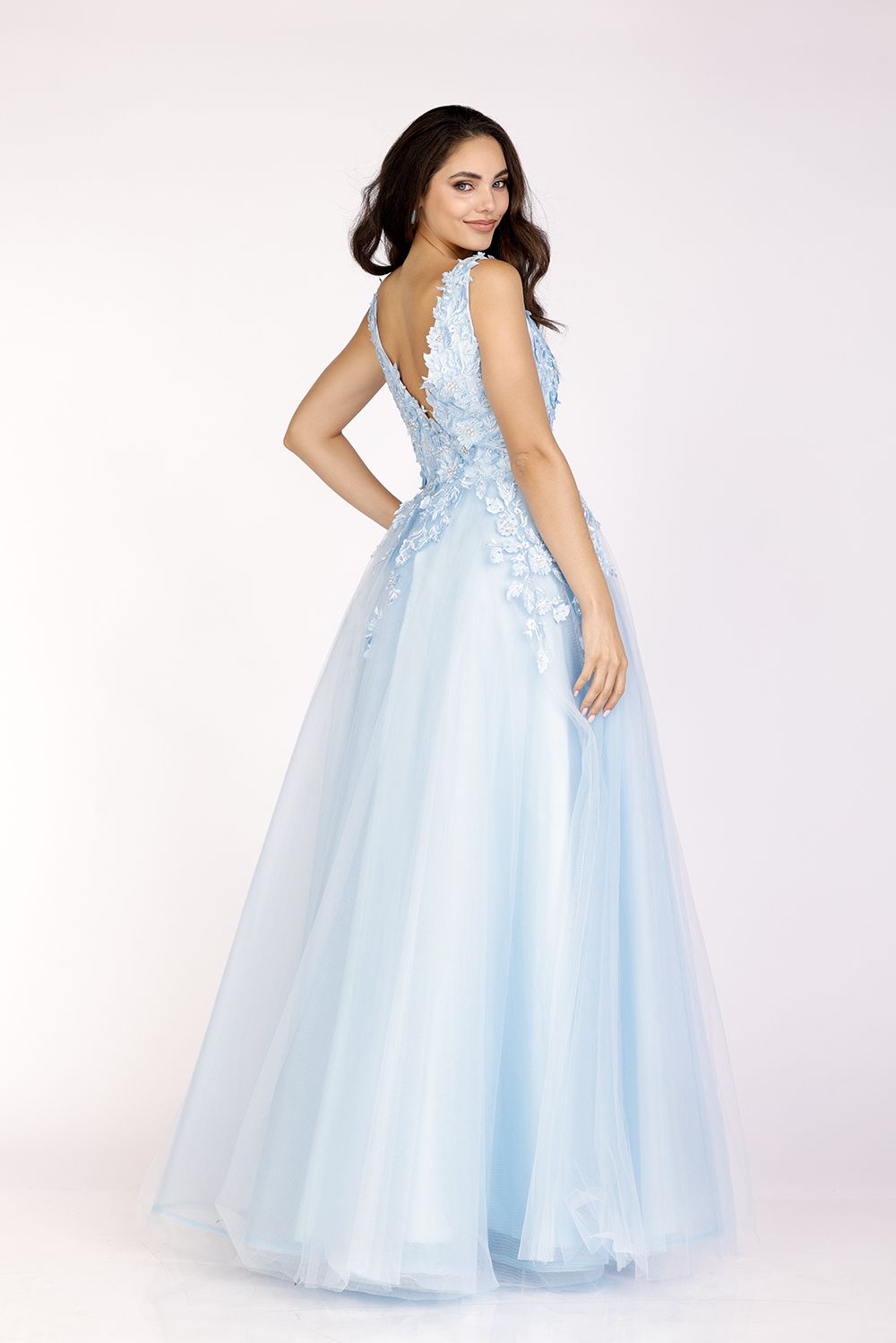 Cecilia Couture 1574 Long A Line Tulle Ball gown Prom Dress #d Lace V Neck Prom Dress Lace-applied Sleeveless Plunging V-neck Ball Gown from Cecilia Couture Dozens of compliments will come your way when you walk through the party wearing this breathtaking long dress from Cecilia Couture. Fashioned with a plunging V-neckline with a mesh inset on the front, 