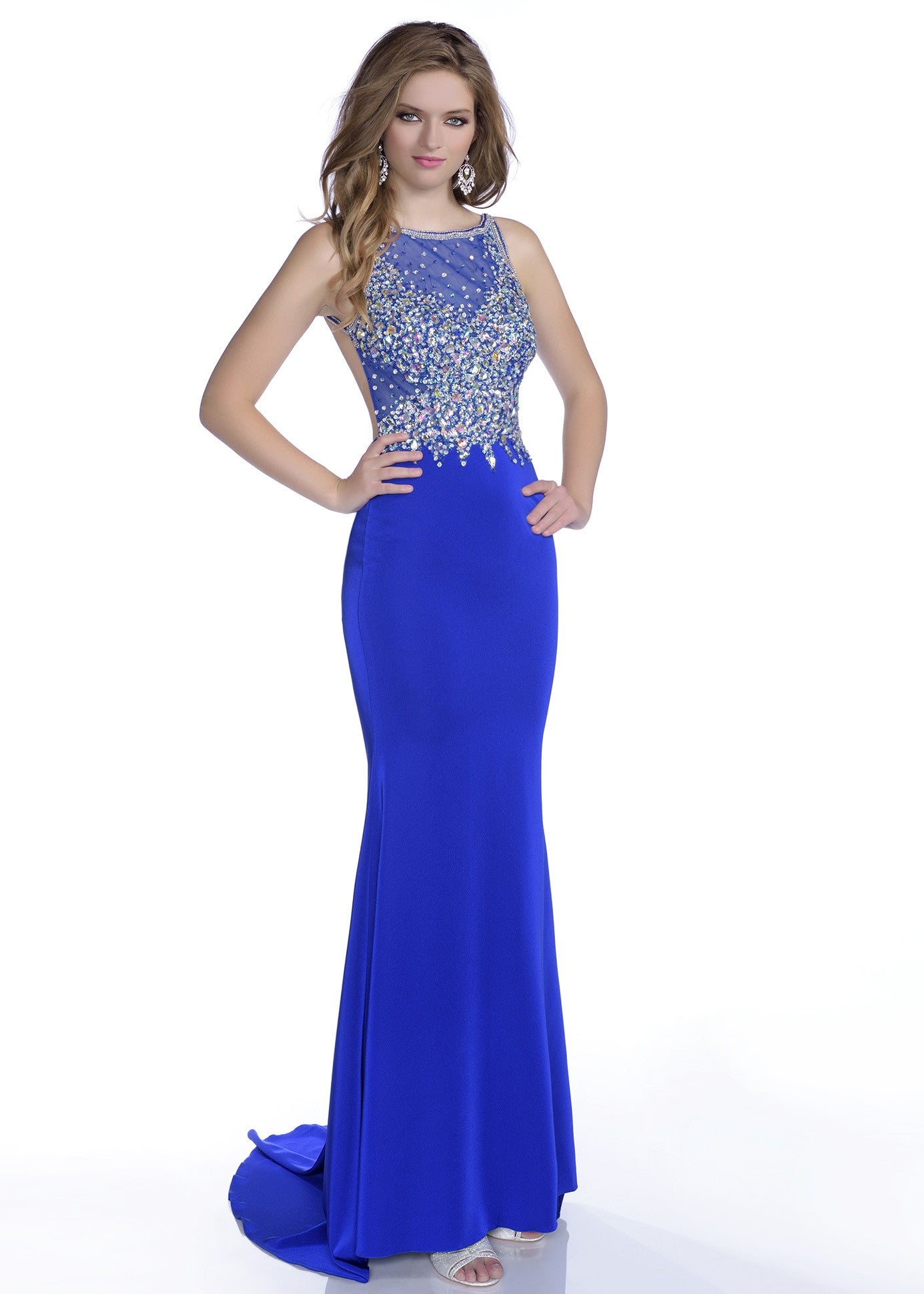 Envious Couture 16051 size 0, 4, 14 Royal Blue embellished sheer neckline open back fitted prom dress pageant gown evening dress open back with train 