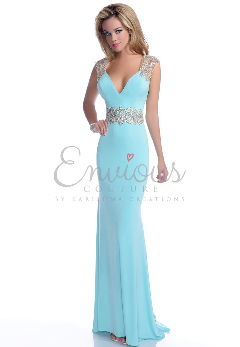 Envious Couture 16072 size 0 Aqua/Gold form fitting mermaid prom dress with embellished applique waistline and matching cap sleeves