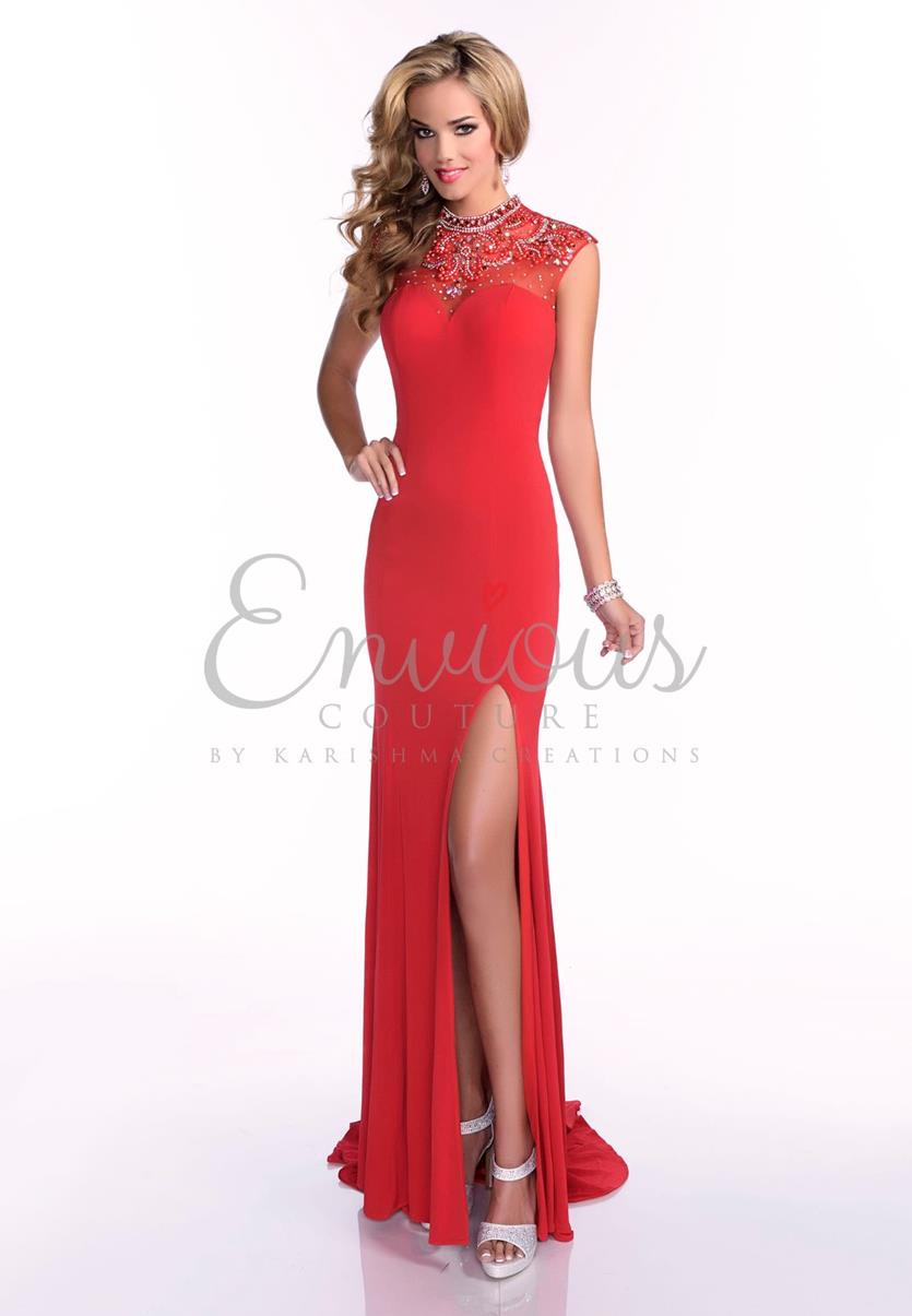Envious Couture 16147 Long fitted jersey embellished sheer high neckline. Royal Blue sizes 0, 6, 8 in stock fitted jersey prom dress with sheer embellished back and neckline with side slit
