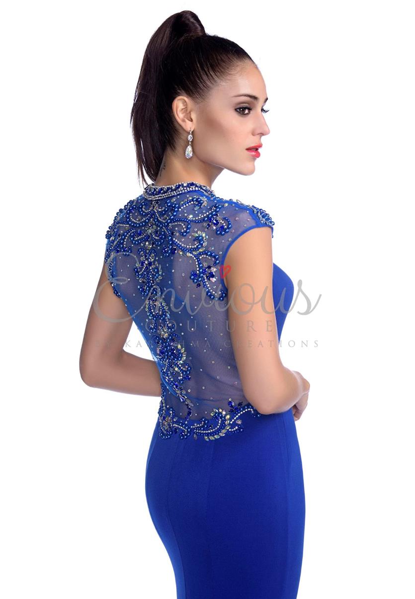 Envious Couture 16147 Long fitted jersey embellished sheer high neckline. Royal Blue sizes 0, 6, 8 in stock fitted jersey prom dress with sheer embellished back and neckline with side slit