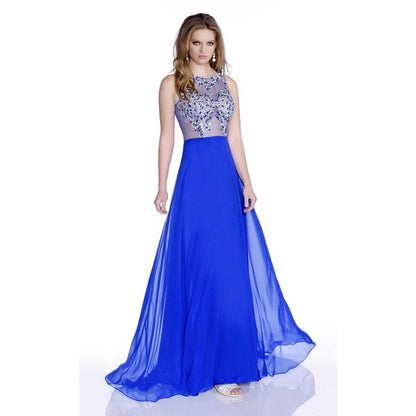 Envious Couture 16164 sheer embellished bodice flowy chiffon A Line prom dress Sheer formal evening gown pageant dress