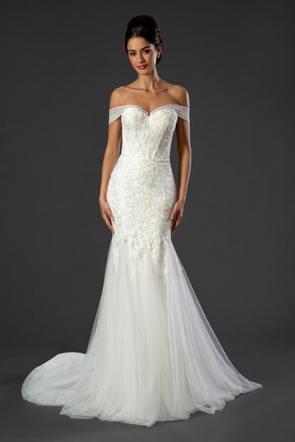 Stella Couture 22509 Bridal off the Shoulder Mermaid Wedding Dress Shimmer Lace  Available Sizes: 4-20  Available Colors: Off White