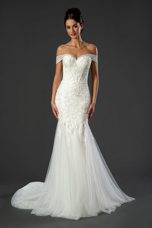 Stella Couture 22509 Bridal off the Shoulder Mermaid Wedding Dress Shimmer Lace  Available Sizes: 4-20  Available Colors: Off White