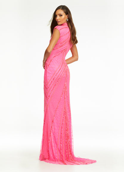 Ashley Lauren 1624 Beaded Evening Gown High Neckline With Center Slit Cap Sleeves