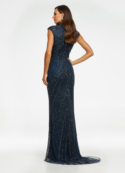 Ashley Lauren 1624 Beaded Evening Gown High Neckline With Center Slit Cap Sleeves