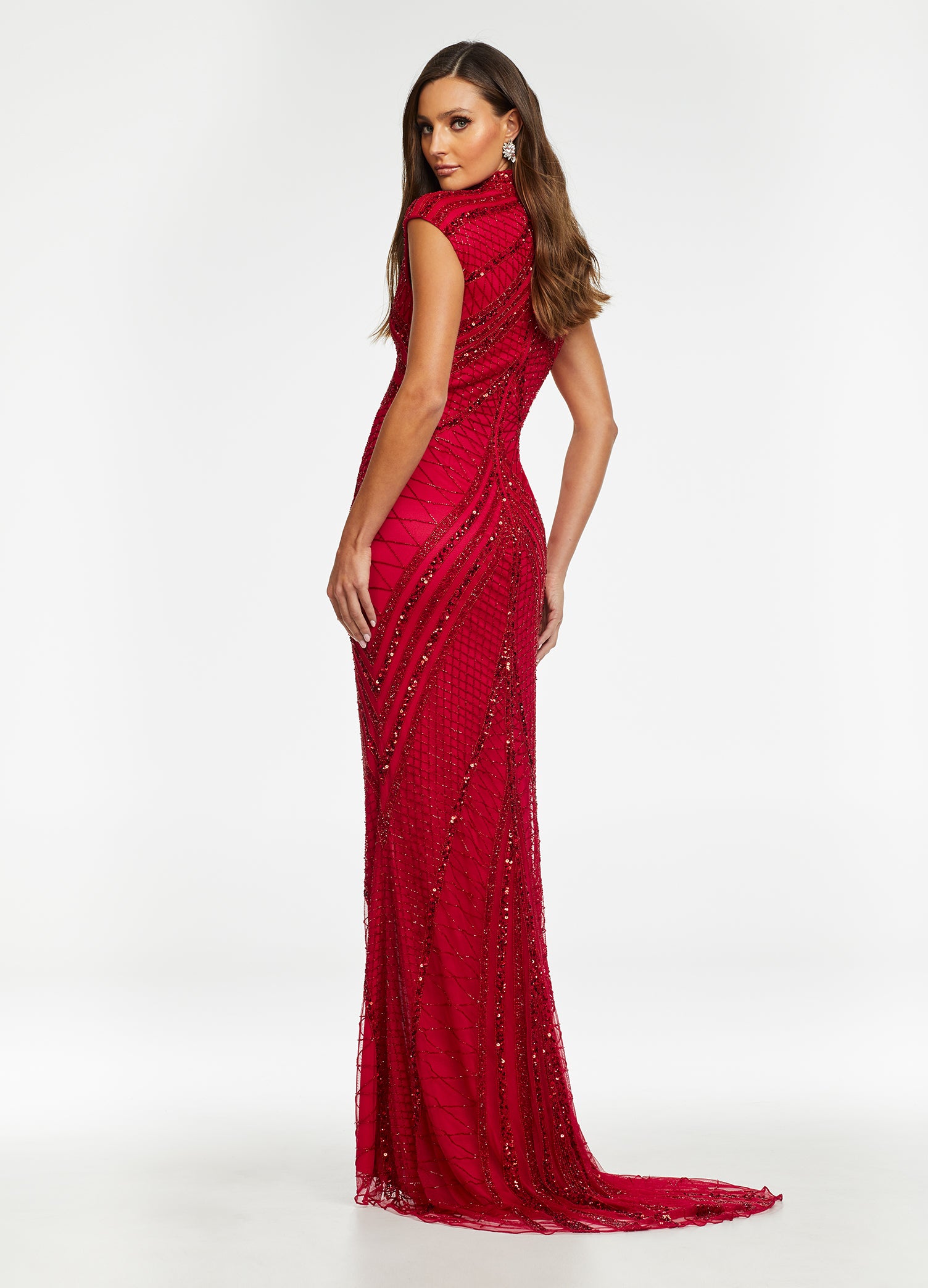 Ashley Lauren 1624 high neckline beaded sequins fitted evening gown with front slit with a figure flattering beaded design pageant gown prom dress Available colors: Silver/Pewter, Rose Gold/Navy, Charcoal, Rose Gold, Silver/Ivory, Nebula Green Available sizes: 0, 2, 4, 6, 8, 10, 12, 14, 16 Look like a goddess in this fitted high neck dress that is fully beaded with an intricate bead pattern from head to toe.