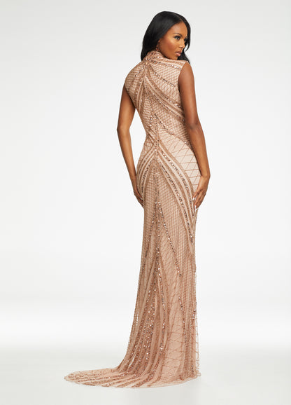 Ashley Lauren 1624 Beaded Evening Gown High Neckline With Center Slit Cap Sleeves