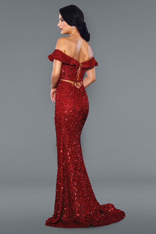 Stella Couture 22032 Long Fitted off the shoulder formal dress sequin slit Prom Gown  Available Size: 2-14  Available Color: Blue, Red