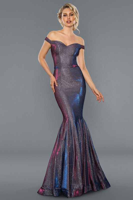 Stella Couture 20067 Long Iridescent shimmer mermaid prom dress off the shoulder  Available Sizes: 2-14  Available Color: Chardcoal, Lavender