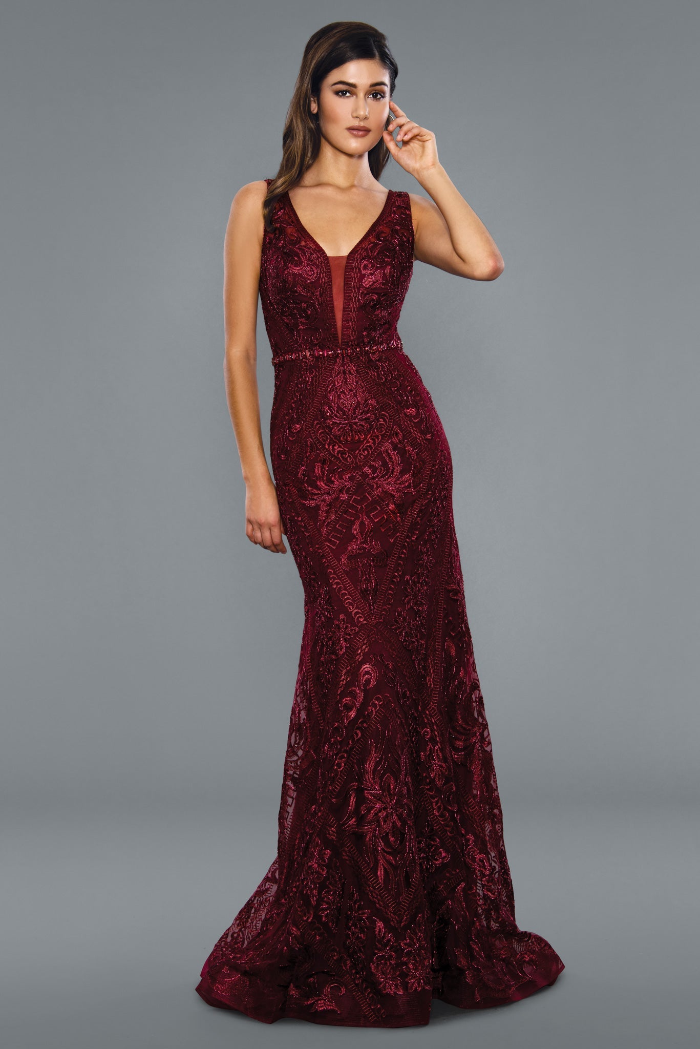 Stella Couture 20032 Long Fitted Shimmer Lace formal prom pageant dress evening gown  Available Sizes: 6-20  Available Colors: Charcoal, Dusty Pink, Navy, Wine