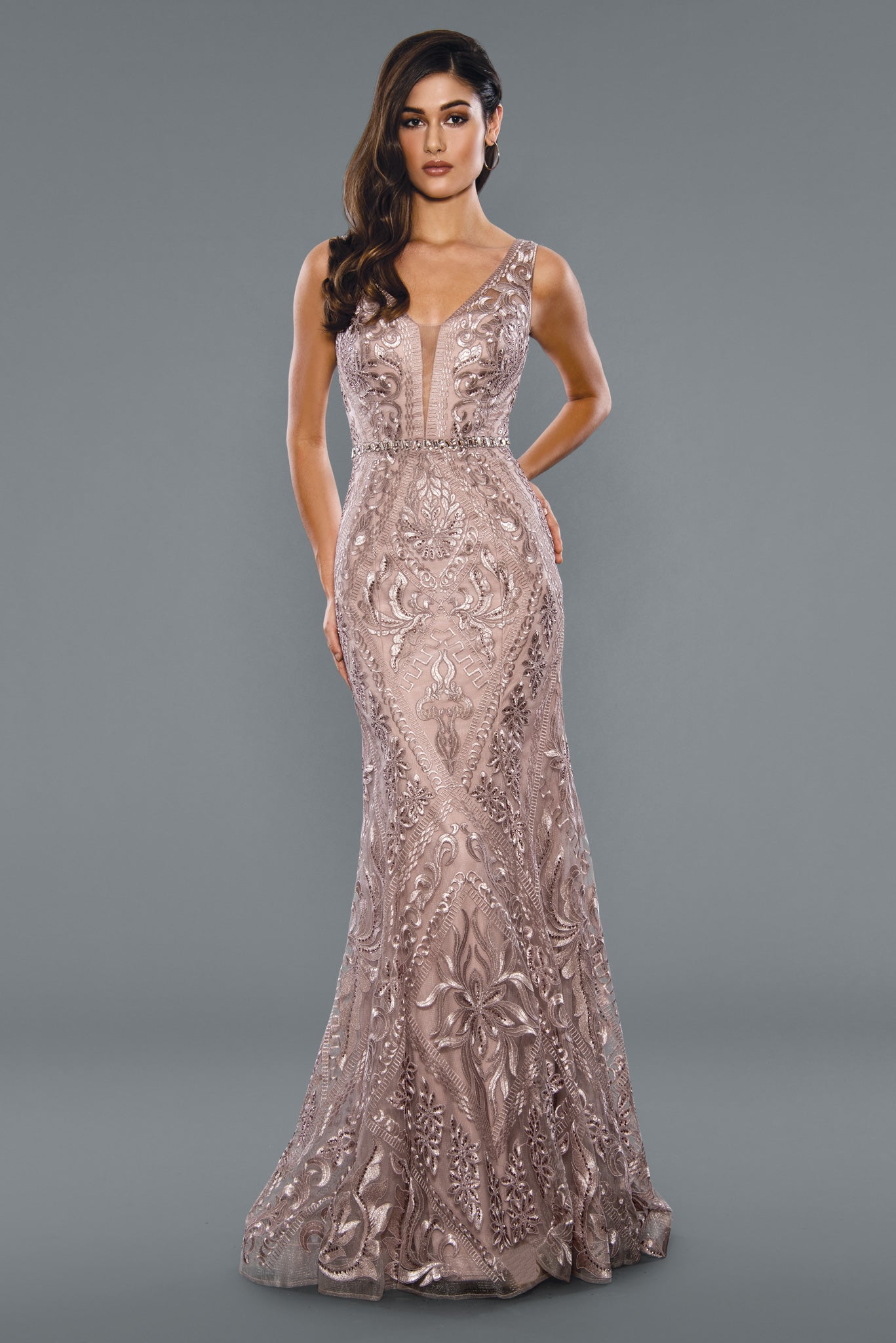 Stella Couture 20032 Long Fitted Shimmer Lace formal prom pageant dress evening gown  Available Sizes: 6-20  Available Colors: Charcoal, Dusty Pink, Navy, Wine