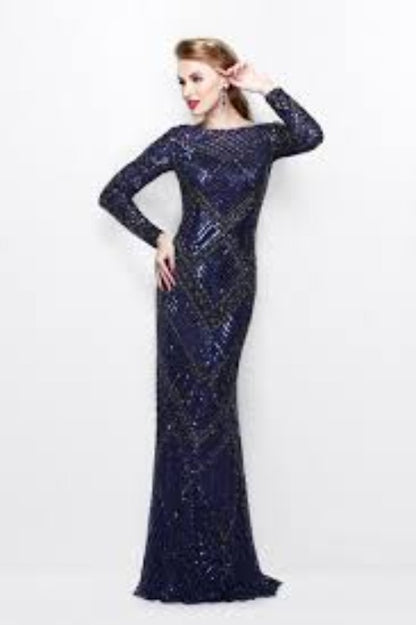 Primavera Couture 1737 Size 18, 24 Midnight Long Sleeve Beaded Formal Evening Dress