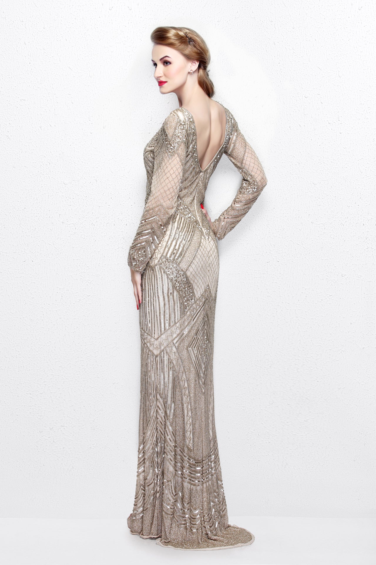 Primavera Couture 1740 Size 4, 18 Champagne long sleeve beaded dress formal evening gown mother of