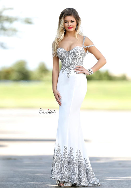 Envious Couture 18080 Size 10, 12 White/Gunmetal Long Fitted White Lace Formal Dress Wedding Gown