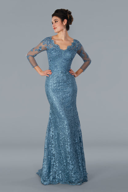 Experience elegance in the Stella Couture 22355 Fitted Lace Gown. This timeless design features a sheer long sleeve, a scallop lace v neckline, and couture lace detailing. Perfect for a special occasion.  Stella Couture 22355 Long Fitted Lace Gown  Available Color- Rose, Slate  Available Size-4-20
