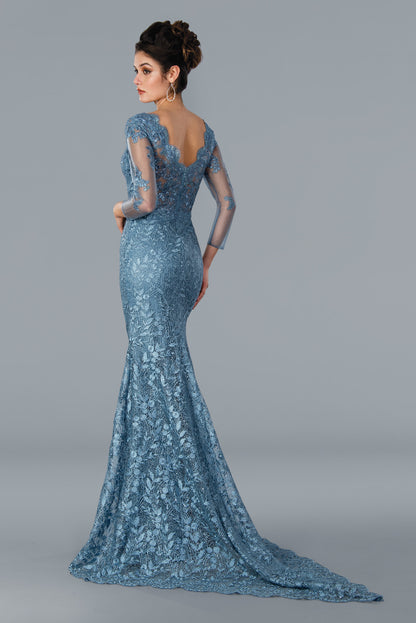 Experience elegance in the Stella Couture 22355 Fitted Lace Gown. This timeless design features a sheer long sleeve, a scallop lace v neckline, and couture lace detailing. Perfect for a special occasion.  Stella Couture 22355 Long Fitted Lace Gown  Available Color- Rose, Slate  Available Size-4-20