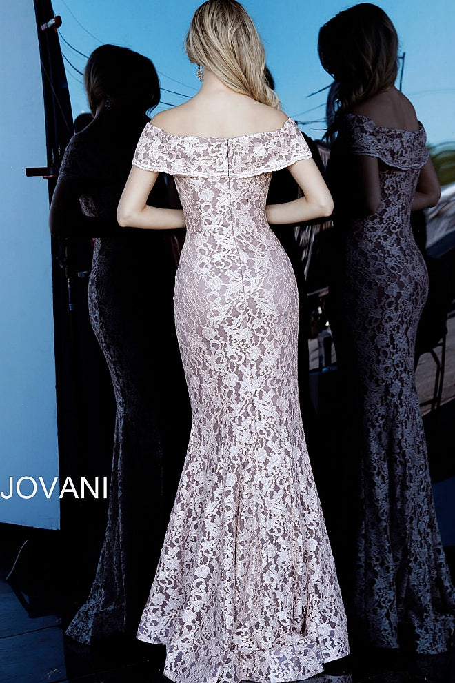 Jovani 1814 Off the Shoulder Fitted Lace Long Evening Dress 1814 Perfect for formal event or mother of the bride or groom.   Available colors:  Taupe, Plum/Black, Navy, Light Blue/Nude, Hunter/Black  Available sizes:  00-24