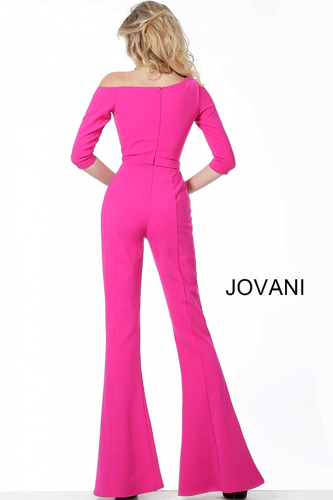 Jovani 1867 off the shoulder fitted bell bottom jumpsuit  three quarter long sleeve, Fuchsia Three Quarter Sleeve Bell Pant Jumpsuit 1867  Black, Fuchsia Sizes 00-24  Fuchsia Three Quarter Sleeve Bell Pant Jumpsuit 1867