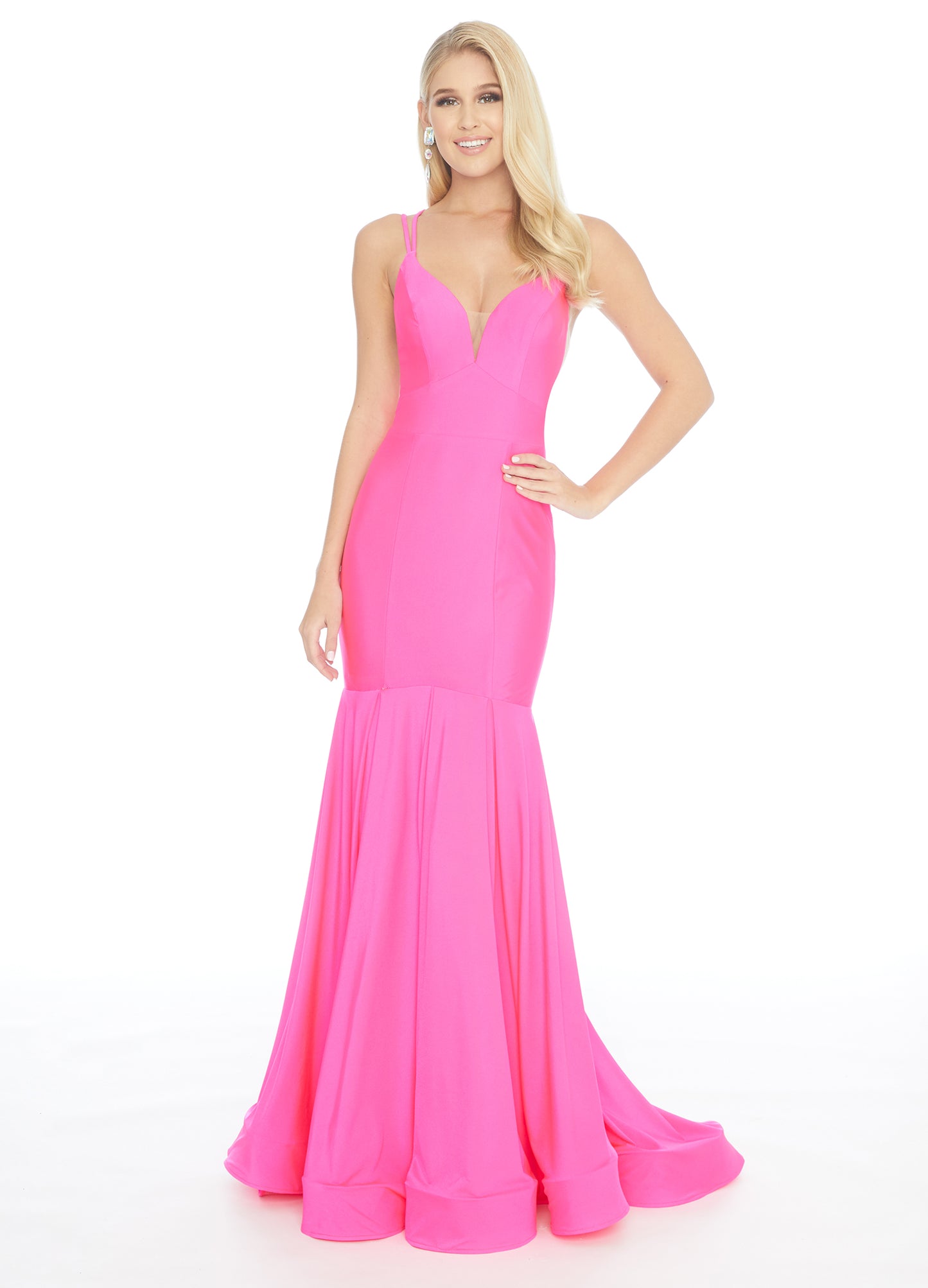 Ashley Lauren 1870 This stunning fit & flare evening gown is sure to turn heads! The bustier is has a v-neckline complete with double spaghetti straps and illusion panel sides. The skirt embellished with box-pleats and sweeping train. Racer Back Jersey  Available Sizes: 12  Available Colors: Hot Pink