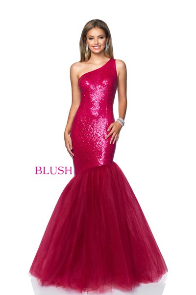 Blush Prom 20219 one shoulder sequin tulle mermaid prom dress pageant gown Color  Berry Red  Size 6