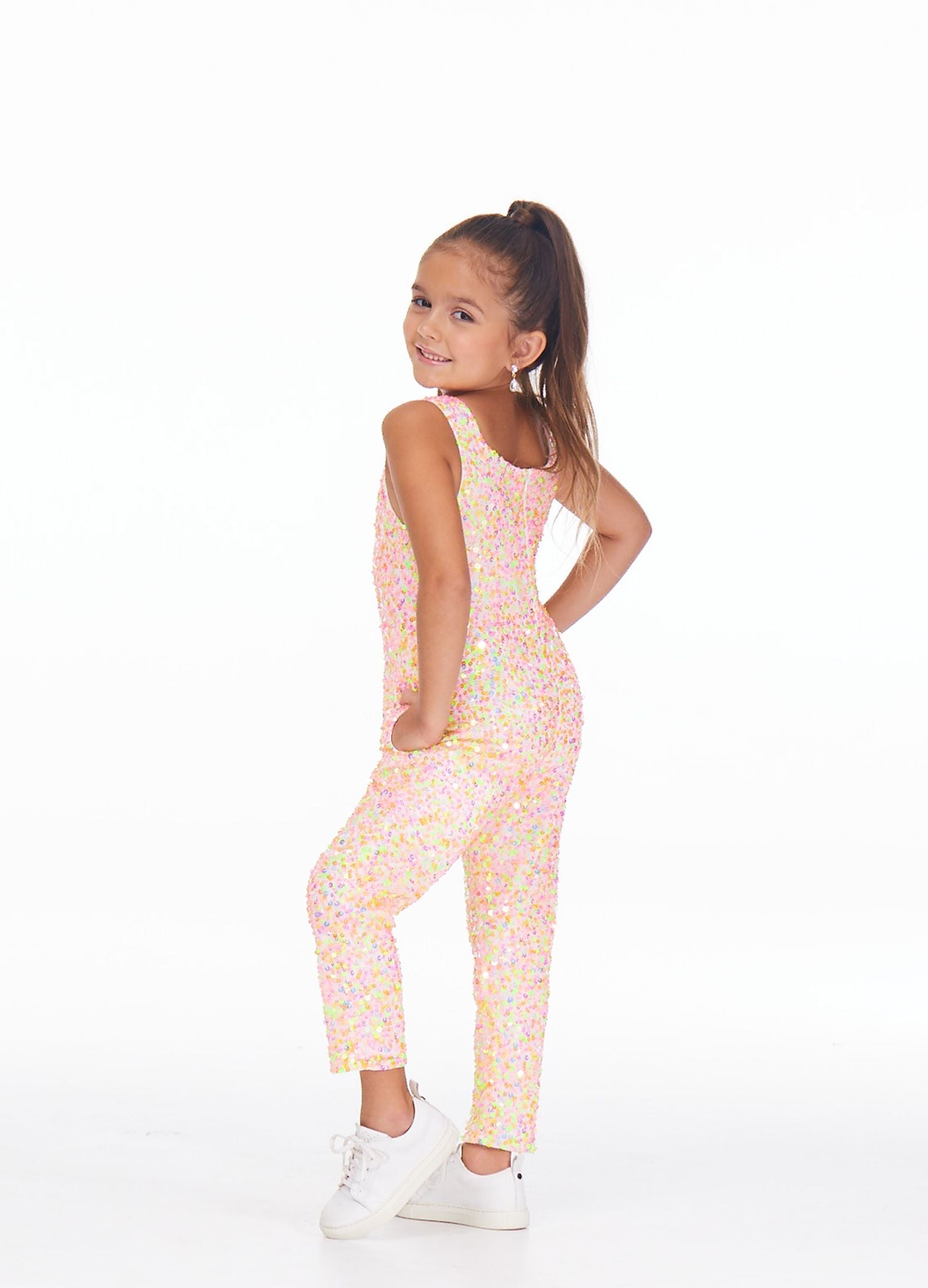 Ashley Lauren 8025 Sparkle at your next event in this fully beaded girls pageant jumpsuit. The top has modern tank style straps. The straight leg pants are complete with pockets.  Colors Multi/Ivory, Mint, Neon Green, Neon Orange, Red, Royal  Sizes 2, 4, 6, 8, 10, 12, 14, 16  Fully Beaded Jumpsuit Straight Pant Pockets