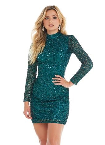 Ashley Lauren 4252 Size 4 Bright Pink Cocktail Dress long sleeve short sequin fitted homecoming dress