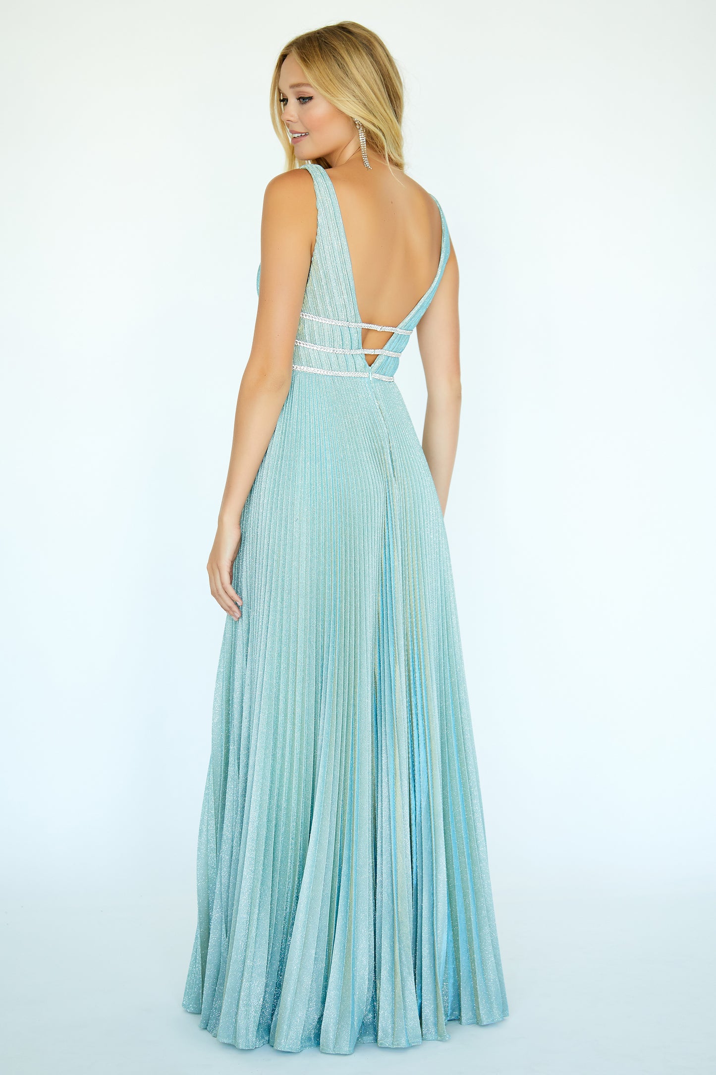 Jolene 20005 Size 12 Long Pleated Iridescent Glitter Prom Dress Formal Gown V Neck