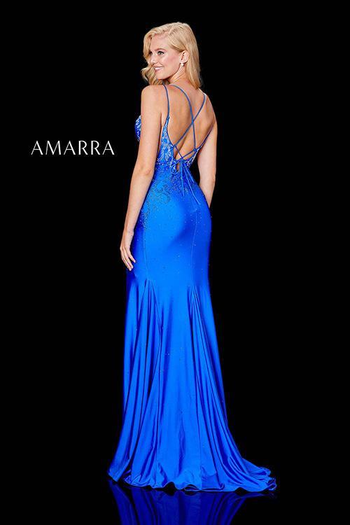 Amarra 20019 Long Fitted Backless Prom Dress Embellished V Neck Slit corset When it comes to prom night, it’s all in the details. Style 20019 features a plunging neckline embellished with beautiful accents. A slit skirt and lace up back add a spicy touch to an elegant gown. ● Made with jersey fabric for a fitted look that won’t sacrifice your comfort and style ● Available in black, bright pink, emerald, navy, plum, red/multi, royal blue/multi  Available Sizes: 00-16