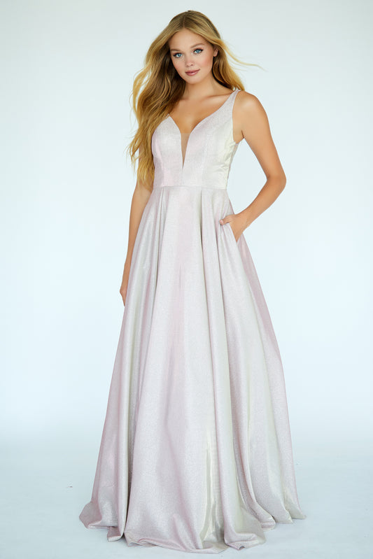 Jolene 20044 Size 6 Long Iridescent Glitter Ballgown Prom Dress Pockets Sheer Embellished