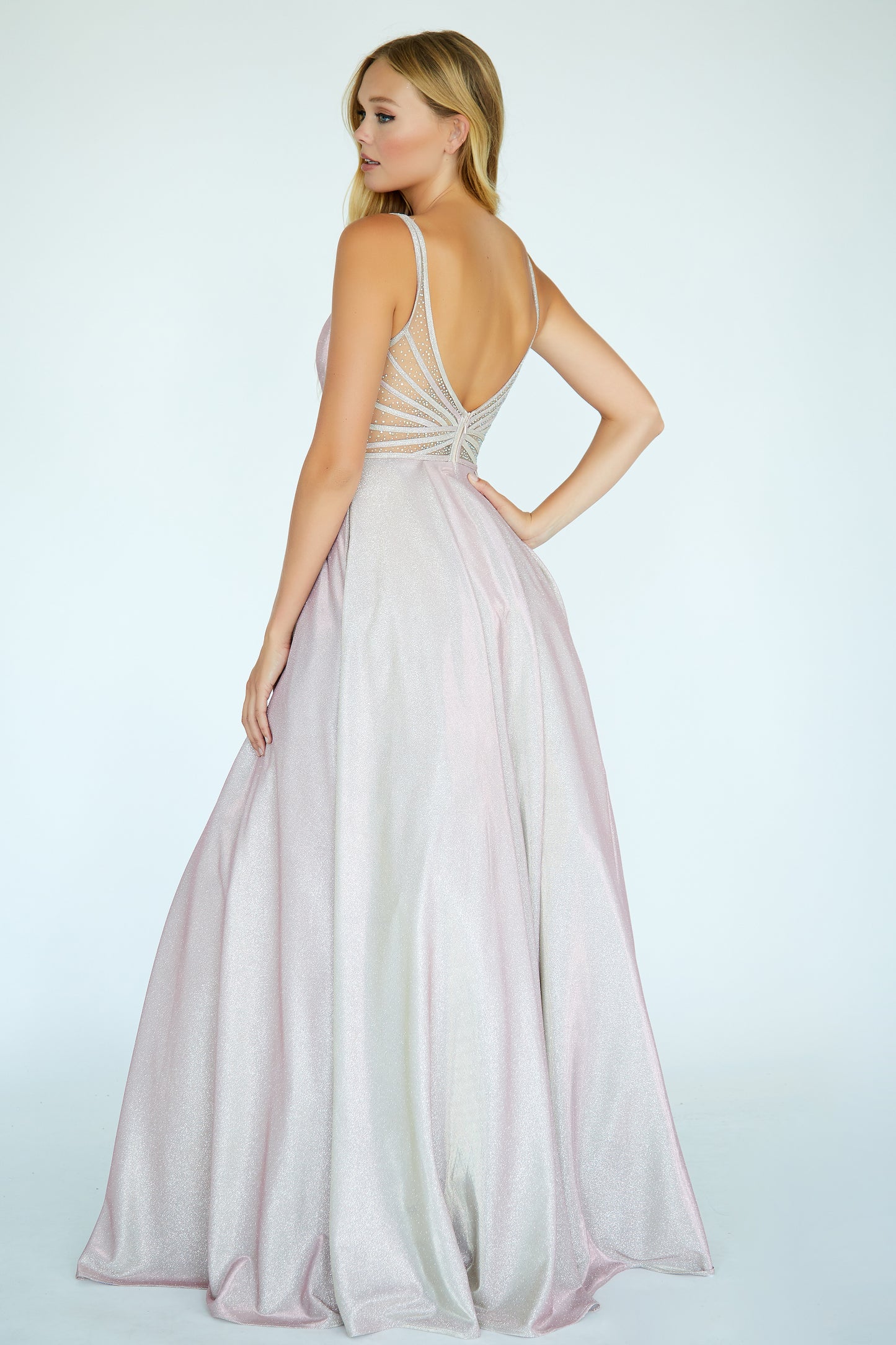 Jolene 20044 Size 6 Long Iridescent Glitter Ballgown Prom Dress Pockets Sheer Embellished