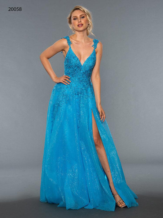 Stella Couture 20058 Long Lace fitted bodice with v neck and lace embellished straps. Shimmer A line skirt with a slit. Great formal Prom Dress, Pageant Gown or casual Bridal - wedding dress.   Available Sizes: 6  Available Colors: Blue