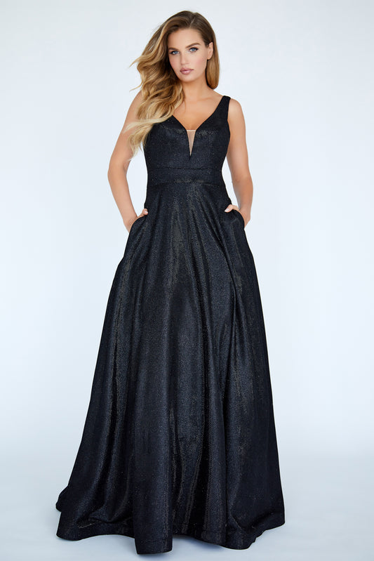 Jolene 20084 Size 2 Long Black Metallic Shimmer A Line Prom Dress Formal Gown