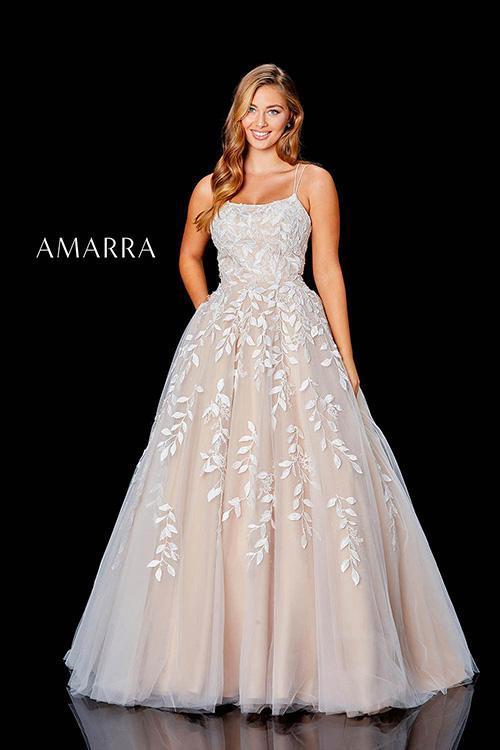 Amarra 20102 Long A Line Lace Ball Gown Prom Dress Formal Wedding Corset In this soft tulle ball-gown, it’s impossible not to feel like you’re floating on cloud 9. This dress features a classic scoop neckline and embellished bodice. Lace details tumble delicately onto the full skirt. ● Made with romantic lace appliques and soft tulle for a sweet look that will have you floating onto the dance floor ● Available in black, bright pink, cobalt, ivory/nude, light blue, lilac, navy, periwinkle, red, wine, yellow