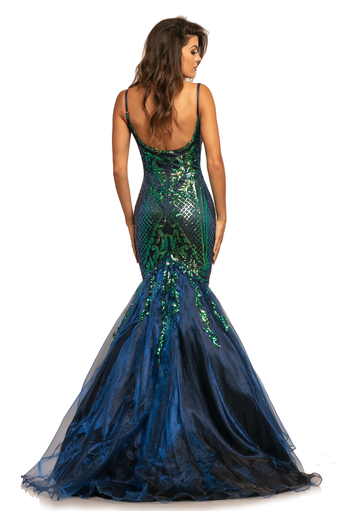 Johnathan Kayne 2018 is a sequin mermaid Prom Dress, Pageant Gown & Formal Evening Wear. Featuring a Sexy Fitted Mermaid Silhouette. High Neckline. Sequin Embellished Bodice with scallop edge. Fit & Flare Leads to a Lush Trumpet Skirt with Iridescent Organza. Sequin Embellishments cascade from the Embellished bodice into the Shimmer Skirt. 