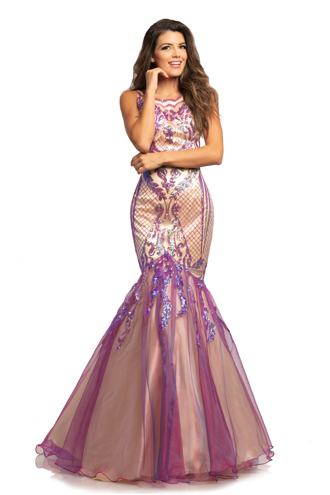 Johnathan Kayne 2018 is a sequin mermaid Prom Dress, Pageant Gown & Formal Evening Wear. Featuring a Sexy Fitted Mermaid Silhouette. High Neckline. Sequin Embellished Bodice with scallop edge. Fit & Flare Leads to a Lush Trumpet Skirt with Iridescent Organza. Sequin Embellishments cascade from the Embellished bodice into the Shimmer Skirt. 