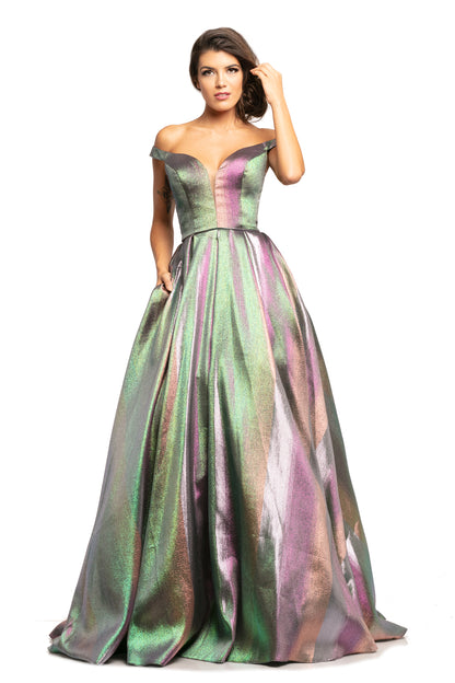 Johnathan Kayne 2019 is a Magical Gown. Get Glam Vibes with this Iridescent Metallic Shimmer Brocade Fabric & Romantic off the shoulder straps and Plunging Neckline. Did someone say unicorn affect!? The off-the-shoulder sweetheart bodice mixed with this beautiful metallic brocade is giving all the unicorn-ombre vibes that you need.
