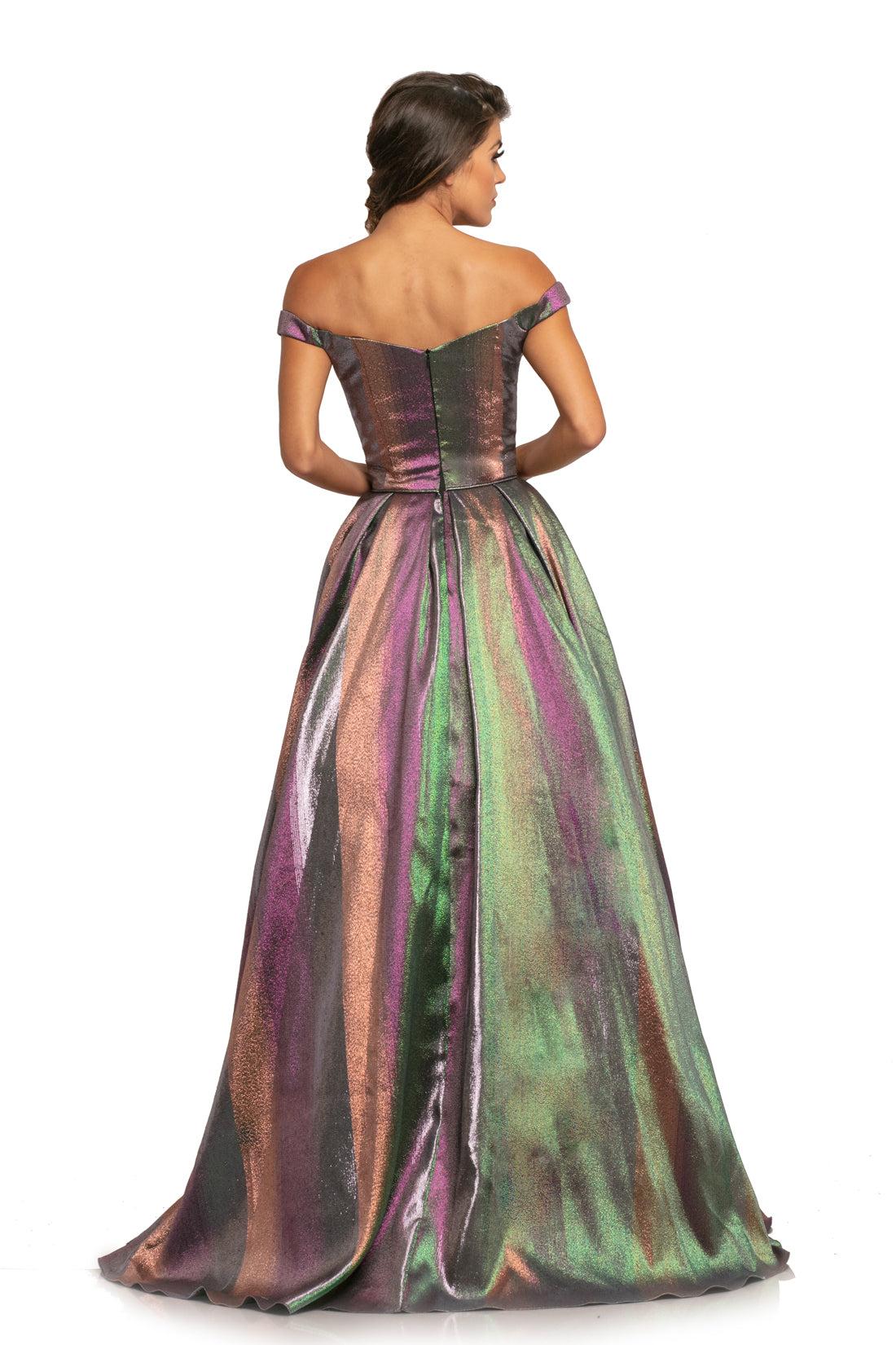 Johnathan Kayne 2019 is a Magical Gown. Get Glam Vibes with this Iridescent Metallic Shimmer Brocade Fabric & Romantic off the shoulder straps and Plunging Neckline. Did someone say unicorn affect!? The off-the-shoulder sweetheart bodice mixed with this beautiful metallic brocade is giving all the unicorn-ombre vibes that you need.