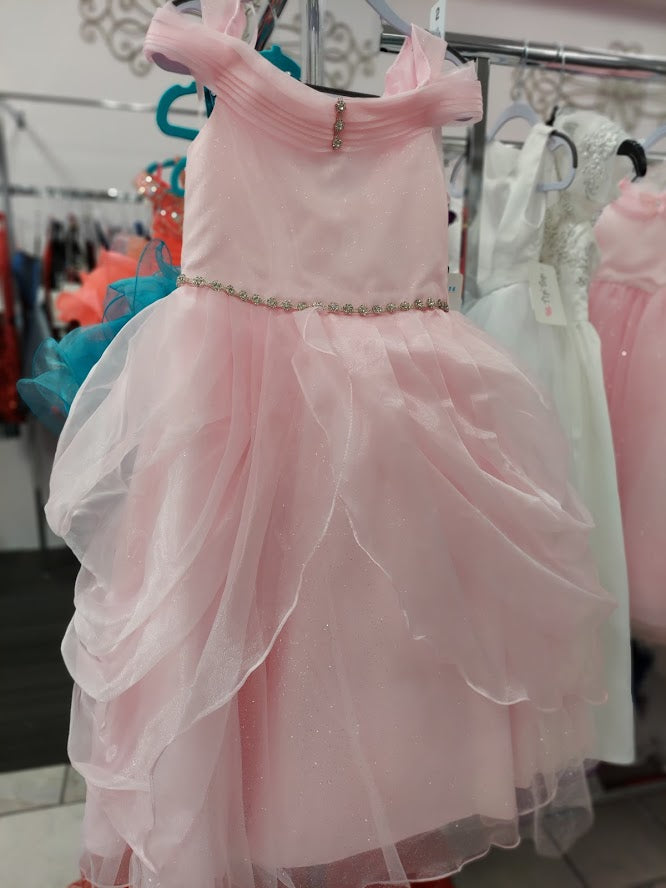 7008 Size 4 Pink Girls Long Iridescent Shimmer Ballgown Princess Off the shoulder
