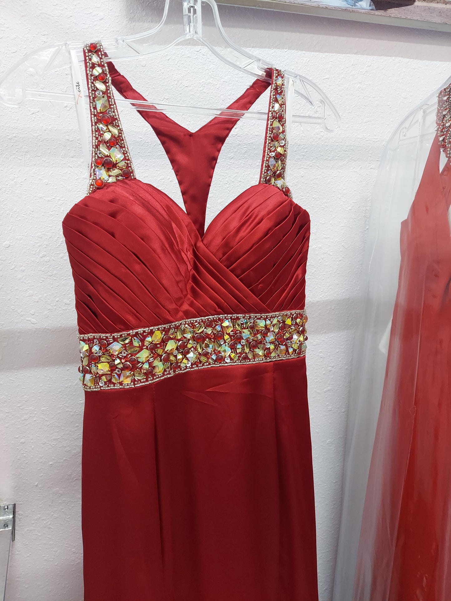 Xcite Prom Dress 30218 Ruby Red size 8 Silk Crystal Pageant Gown Halter Slit
