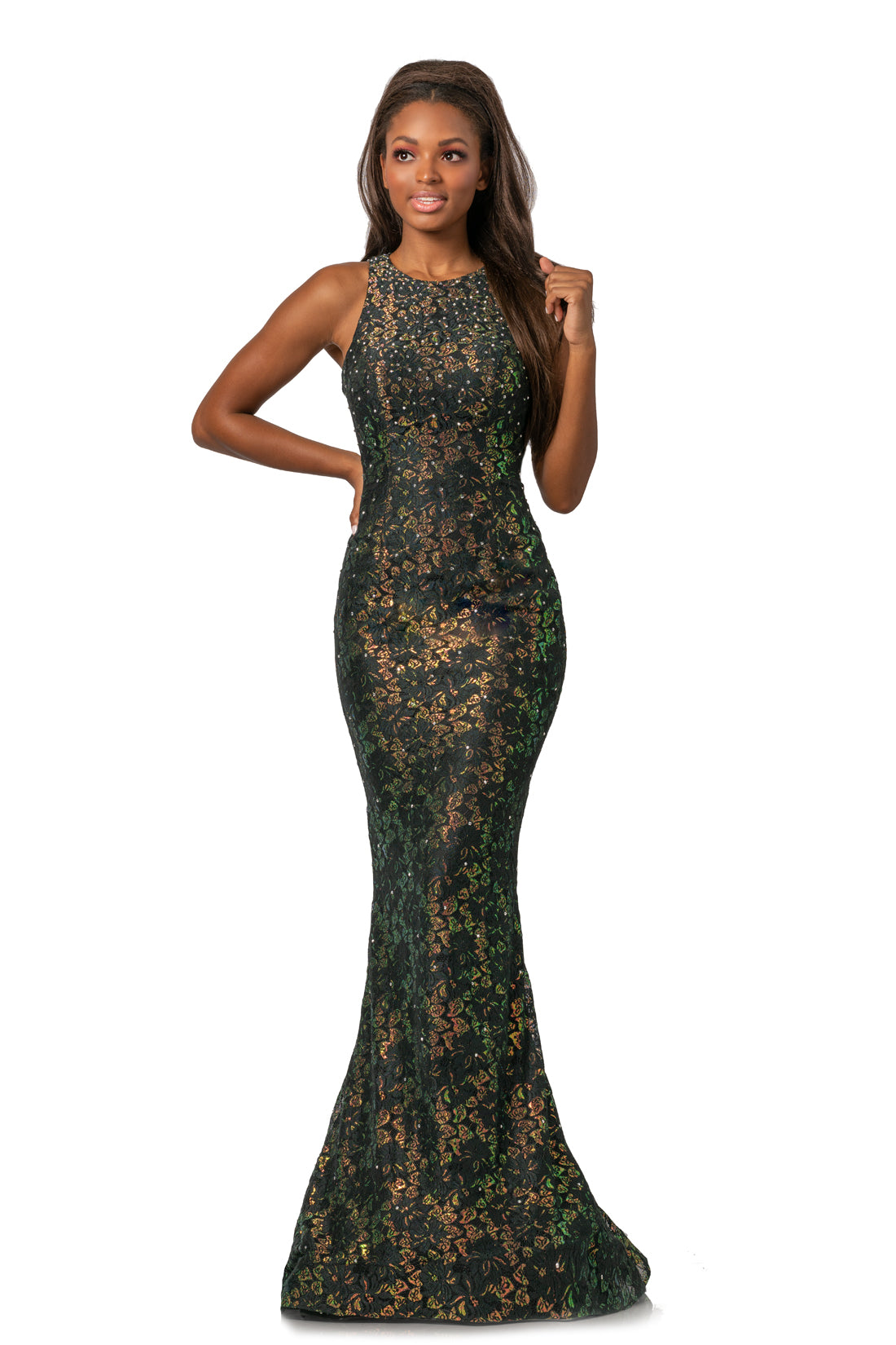 Johnathan Kayne 2036 is a long lace Prom Dress, Pageant Gown & Formal Evening Wear. This Long Fitted Gown Features Iridescent Metallic Shimmer Lace along the entire dress. Featuring a high neckline and beautiful Open Cutout back. Embellished with scattered crystals along the bodice. Subtle Fit & Flare Silhouette with a stage worthy sweeping train!