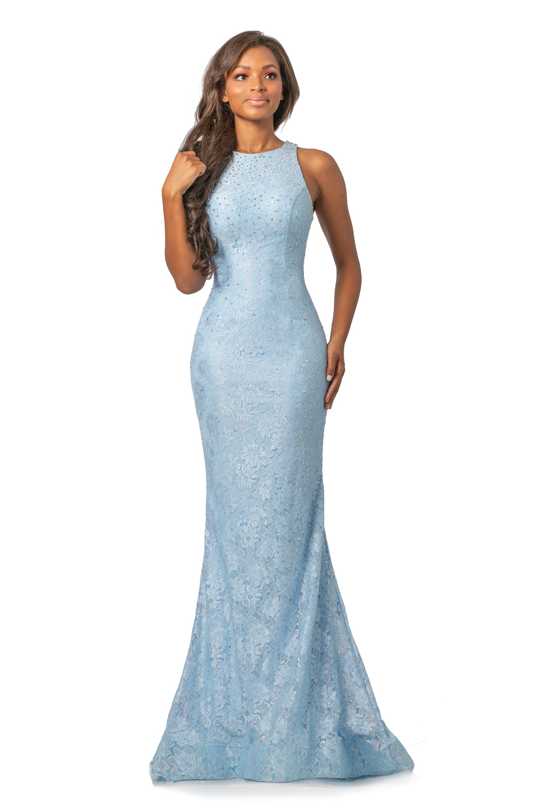 Navy Blue 2pc Halter Prom Pageant Dress with Embroidery and Rhinestones
